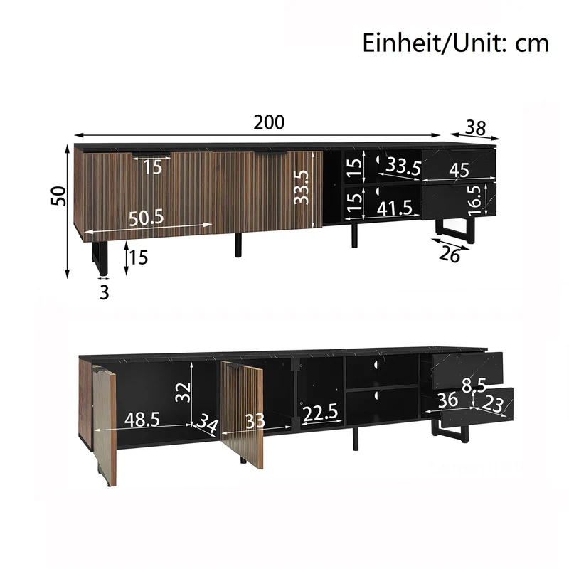 Meuble TV noir effet marbre noir éclairage LED 2 portes et 2 tiroirs VRENKAEN