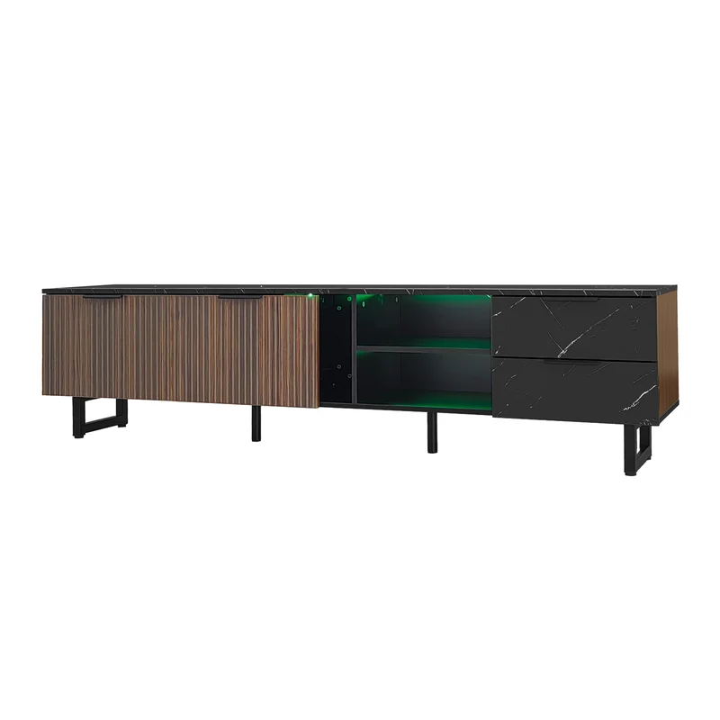 Meuble TV noir effet marbre noir éclairage LED 2 portes et 2 tiroirs VRENKAEN