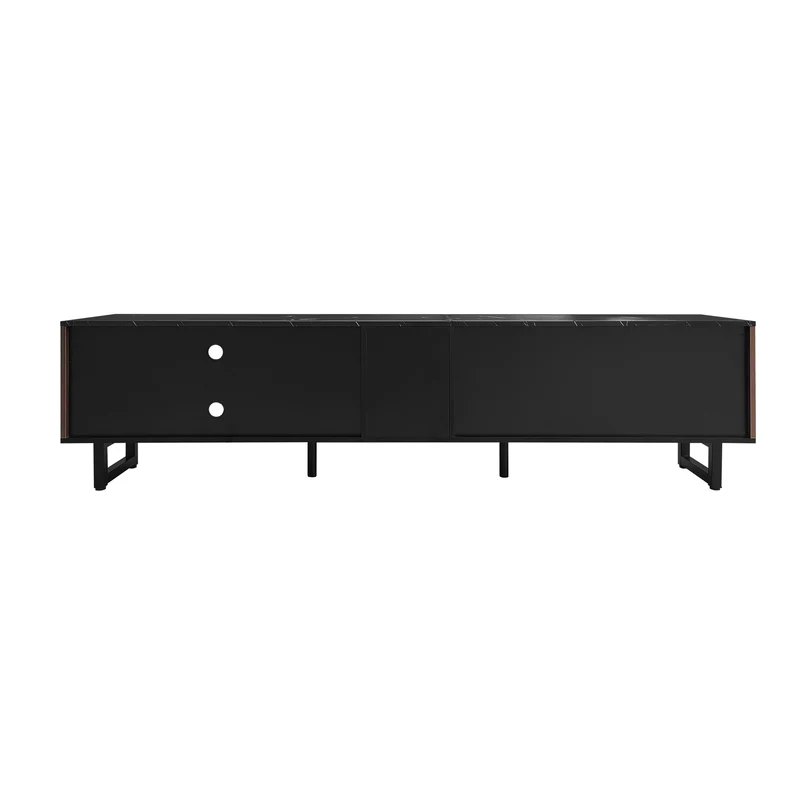 Meuble TV noir effet marbre noir éclairage LED 2 portes et 2 tiroirs VRENKAEN