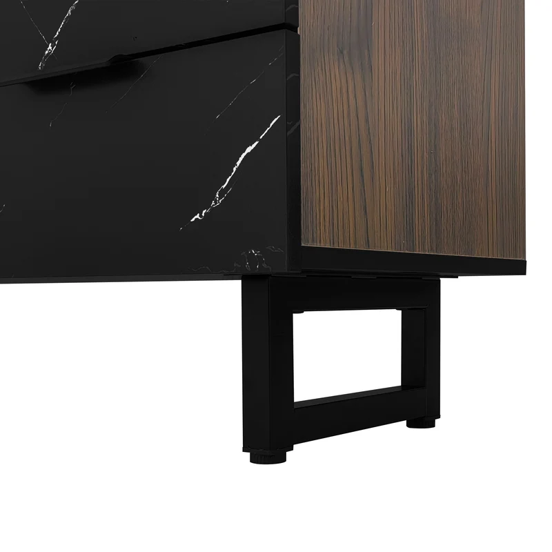 Meuble TV noir effet marbre noir éclairage LED 2 portes et 2 tiroirs VRENKAEN