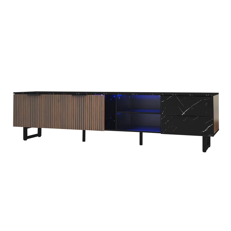Meuble TV noir effet marbre noir éclairage LED 2 portes et 2 tiroirs VRENKAEN