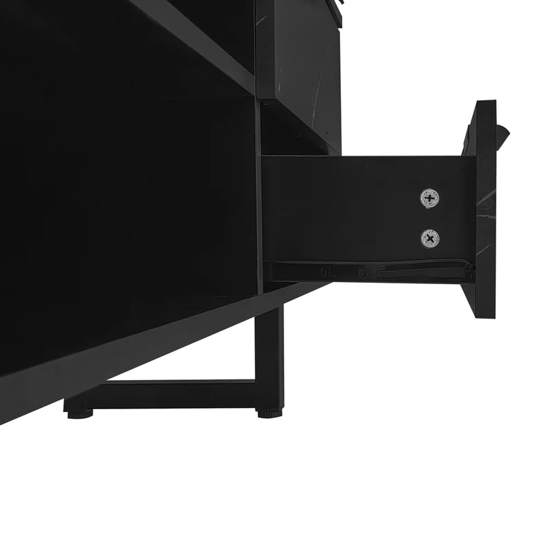 Meuble TV noir effet marbre noir éclairage LED 2 portes et 2 tiroirs VRENKAEN