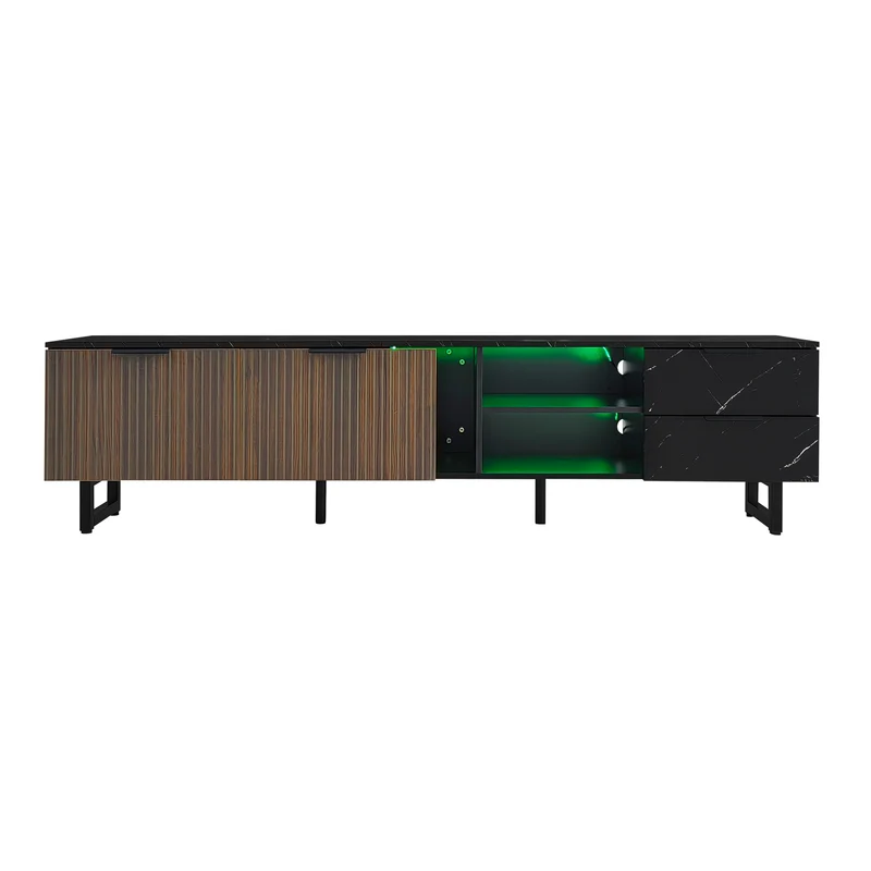 Meuble TV noir effet marbre noir éclairage LED 2 portes et 2 tiroirs VRENKAEN