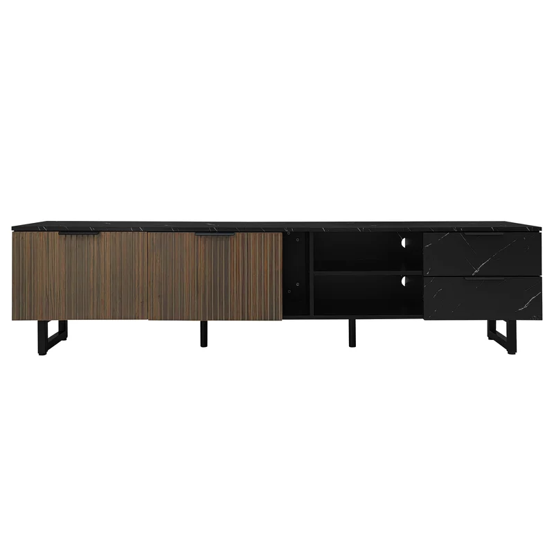 Meuble TV noir effet marbre noir éclairage LED 2 portes et 2 tiroirs VRENKAEN