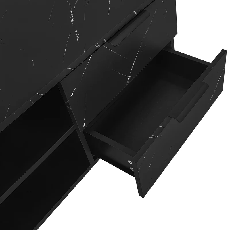 Meuble TV noir effet marbre noir éclairage LED 2 portes et 2 tiroirs VRENKAEN