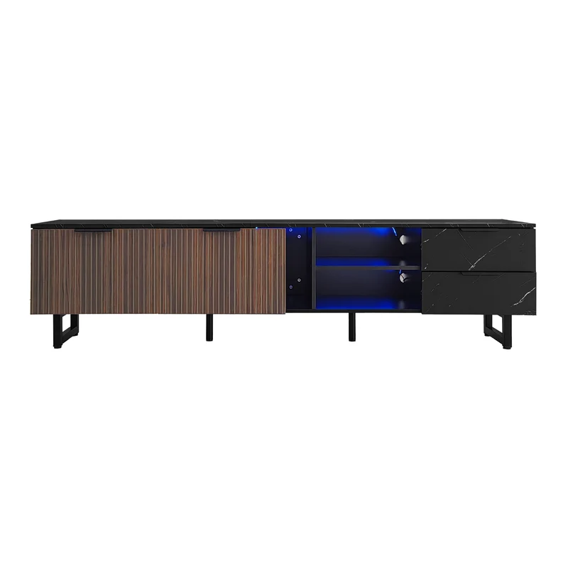 Meuble TV noir effet marbre noir éclairage LED 2 portes et 2 tiroirs VRENKAEN