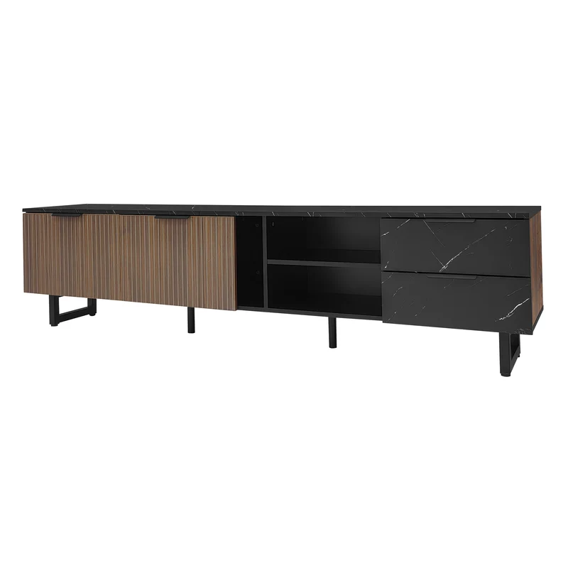 Meuble TV noir effet marbre noir éclairage LED 2 portes et 2 tiroirs VRENKAEN