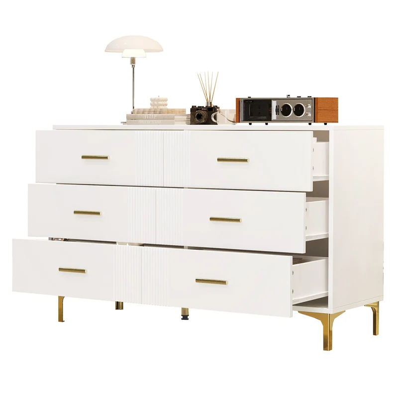 Commode blanche élégante à 6 tiroirs motif ondulé accents dorées BRAXUINS