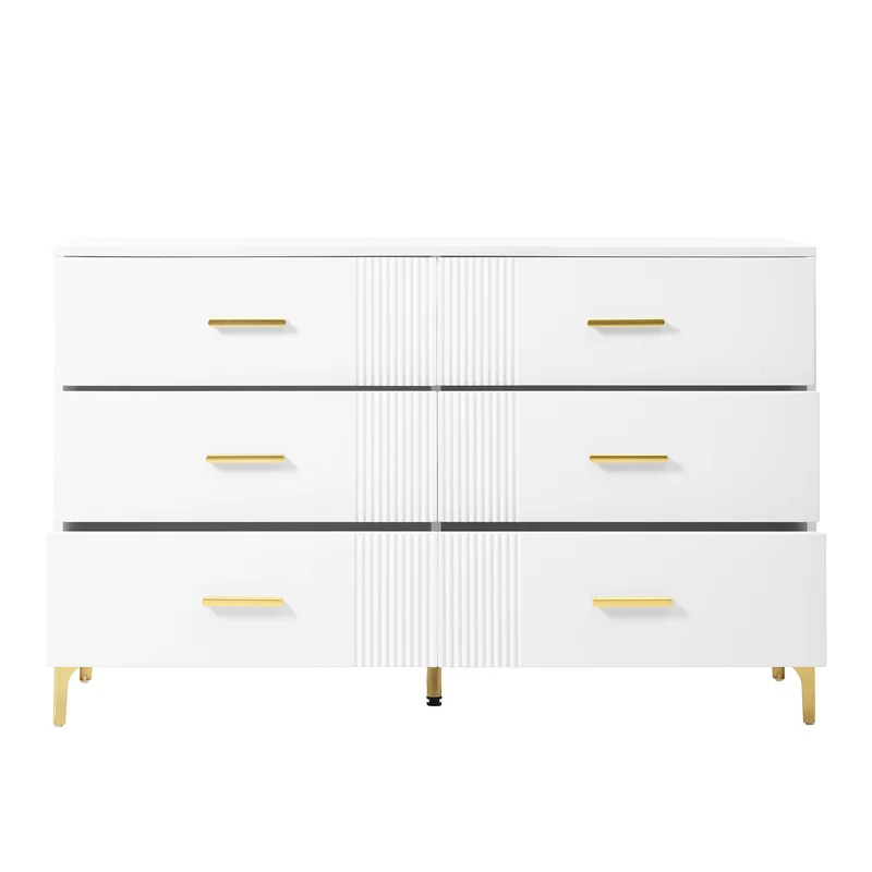 Commode blanche élégante à 6 tiroirs motif ondulé accents dorées BRAXUINS