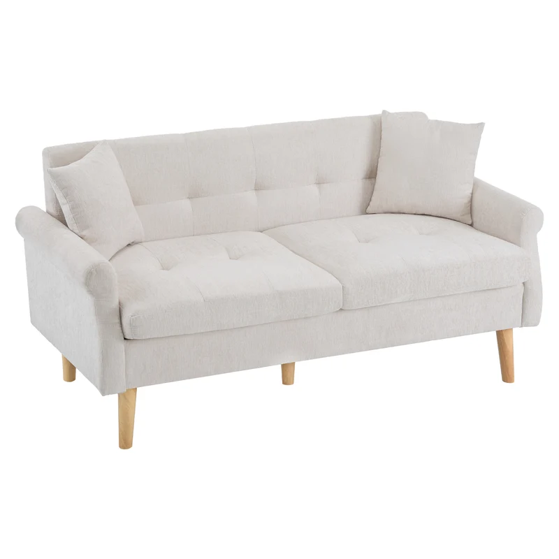 Canapé 2 places tissu chenille beige coussins épais pieds bois massif 162*74*77cm CATTAILBEND