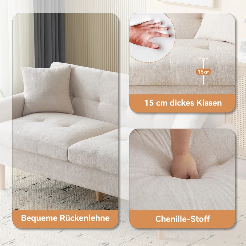 Canapé 2 places tissu chenille beige coussins épais pieds bois massif 162*74*77cm CATTAILBEND