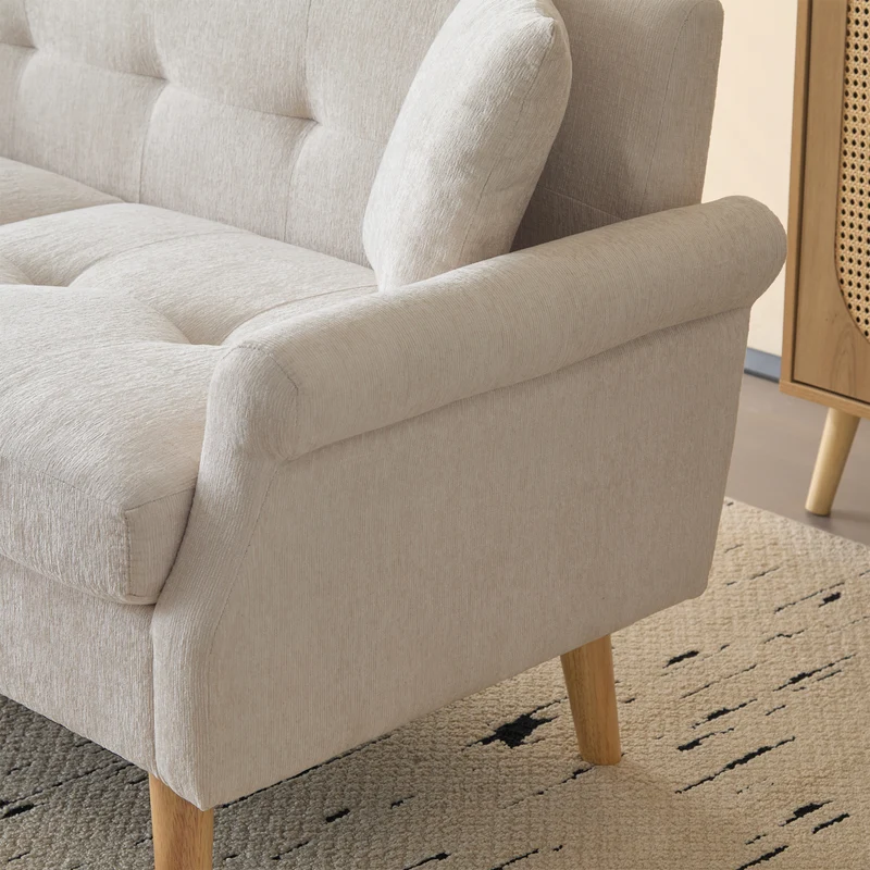 Canapé 2 places tissu chenille beige coussins épais pieds bois massif 162*74*77cm CATTAILBEND