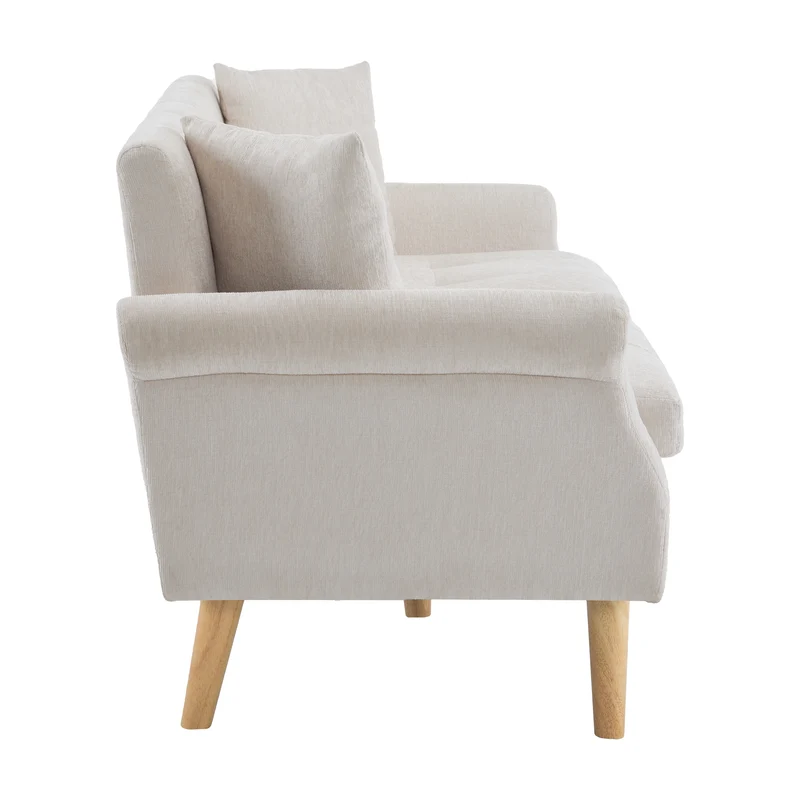 Canapé 2 places tissu chenille beige coussins épais pieds bois massif 162*74*77cm CATTAILBEND