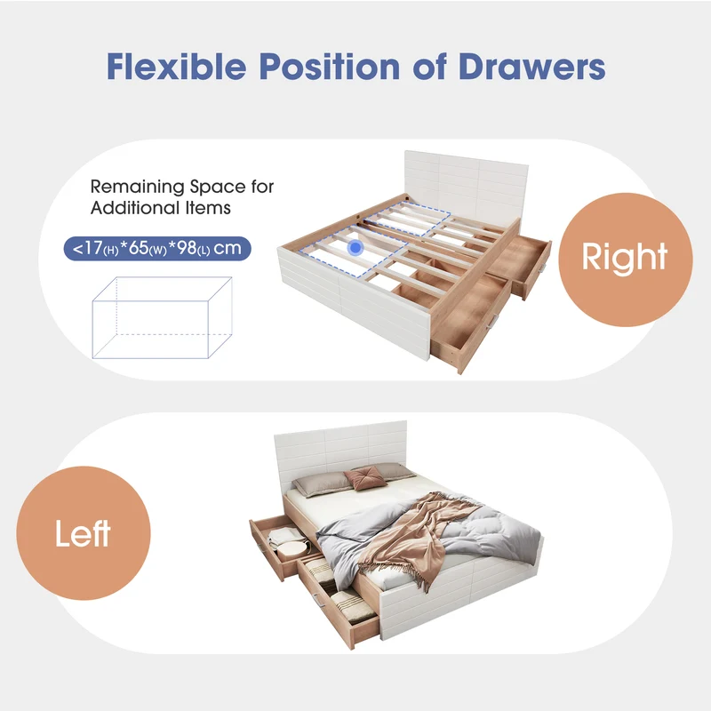 Cadre de lit queen blanc scandinave avec 2 tiroirs de rangement sous le lit 160*200cm (matelas non inclus) MRNA