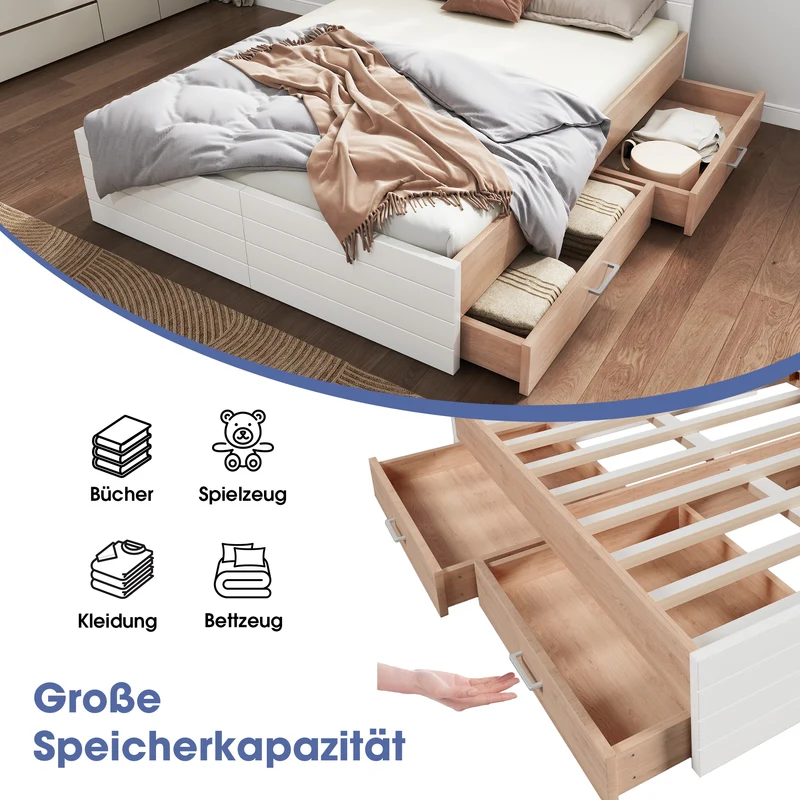 Cadre de lit queen blanc scandinave avec 2 tiroirs de rangement sous le lit 160*200cm (matelas non inclus) MRNA
