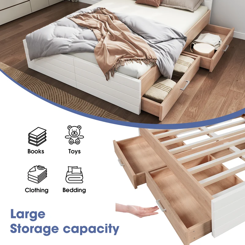 Cadre de lit queen blanc scandinave avec 2 tiroirs de rangement sous le lit 160*200cm (matelas non inclus) MRNA