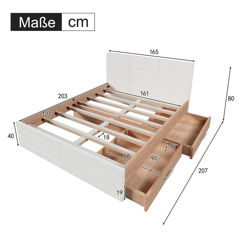 Cadre de lit queen blanc scandinave avec 2 tiroirs de rangement sous le lit 160*200cm (matelas non inclus) MRNA