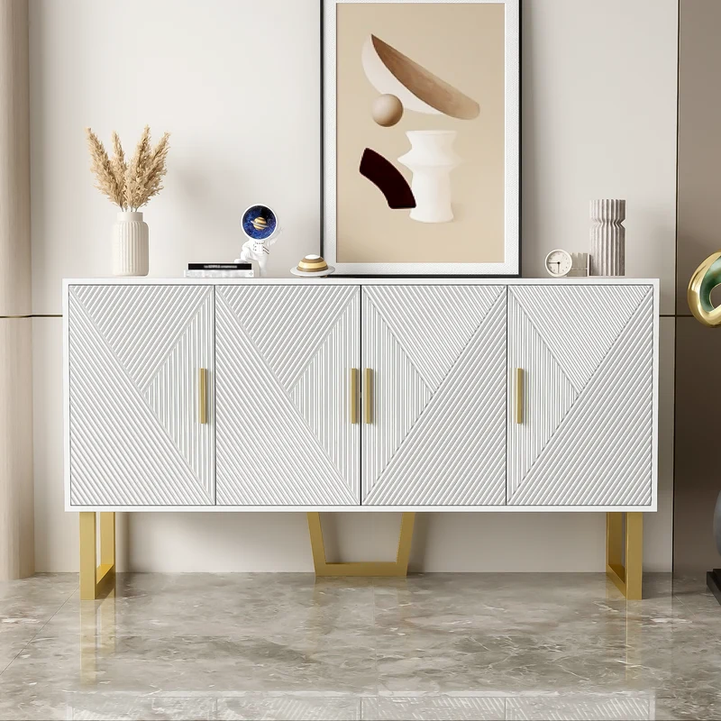 Buffet luxe blanc laqué portes texturées et accents dorées BOCAS