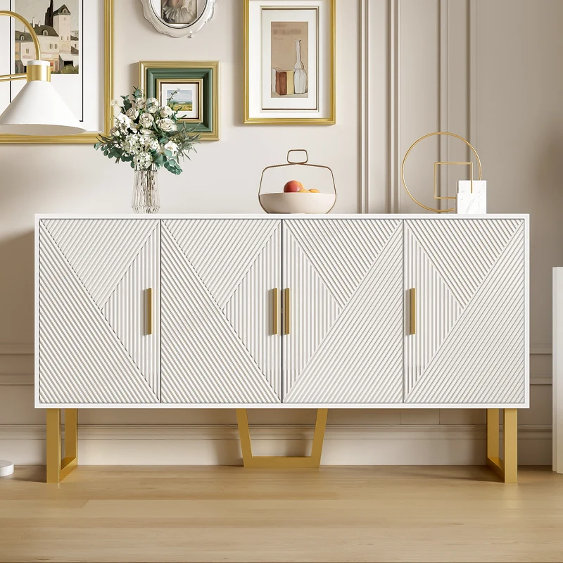 Buffet luxe blanc laqué portes texturées et accents dorées BOCAS