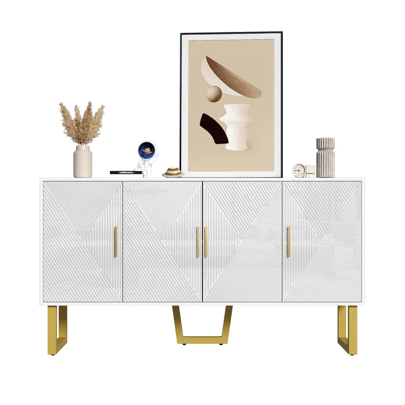 Buffet luxe blanc laqué portes texturées et accents dorées BOCAS