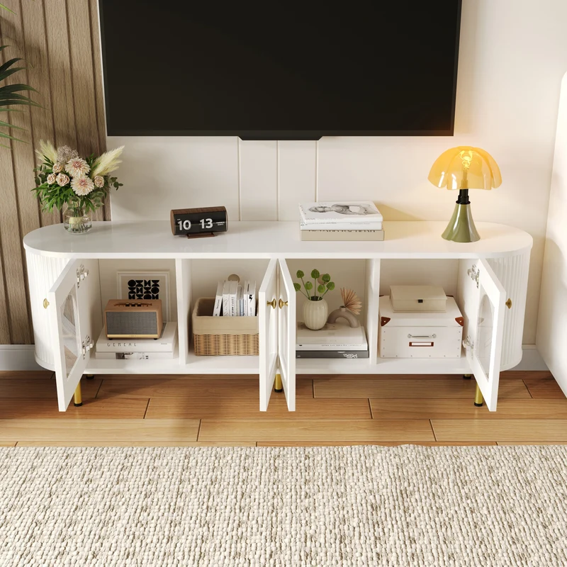 Meuble TV blanc style bohème cotés arrondis 4 portes en verre poignées et pieds dorés OMHENS WHITE