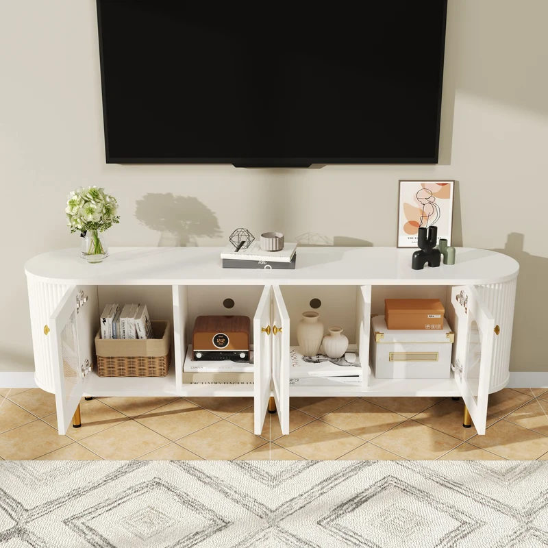 Meuble TV blanc style bohème cotés arrondis 4 portes en verre poignées et pieds dorés OMHENS WHITE