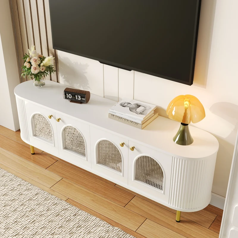 Meuble TV blanc style bohème cotés arrondis 4 portes en verre poignées et pieds dorés OMHENS WHITE