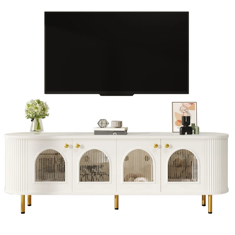 Meuble TV blanc style bohème cotés arrondis 4 portes en verre poignées et pieds dorés OMHENS WHITE