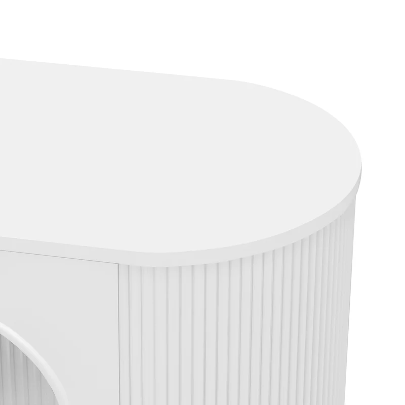 Meuble TV blanc style bohème cotés arrondis 4 portes en verre poignées et pieds dorés OMHENS WHITE