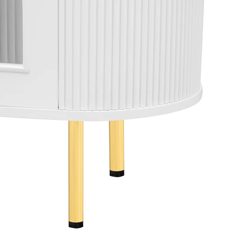 Meuble TV blanc style bohème cotés arrondis 4 portes en verre poignées et pieds dorés OMHENS WHITE