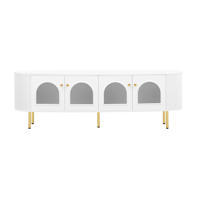 Meuble TV blanc style bohème cotés arrondis 4 portes en verre poignées et pieds dorés OMHENS WHITE