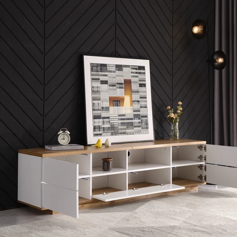 Meuble TV moderne bicolore effet bois et blanche avec 5 portes DIKE
