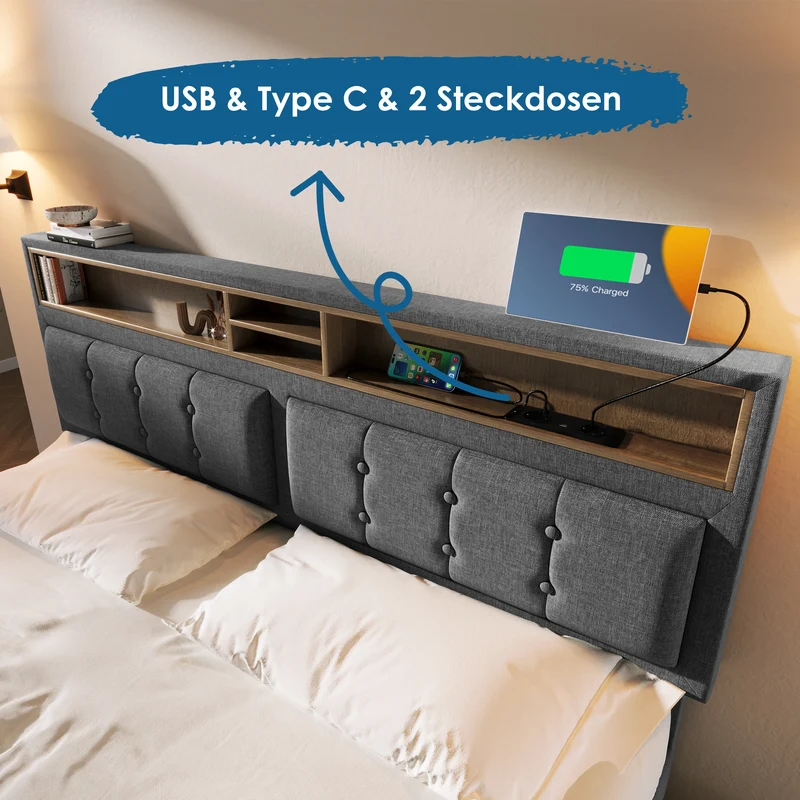 Lit coffre queen tissu gris avec port USB C et rangement 160*200cm (matelas non inclus) FAT