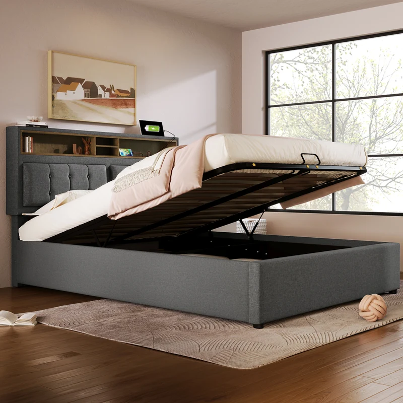 Lit coffre queen tissu gris avec port USB C et rangement 160*200cm (matelas non inclus) FAT