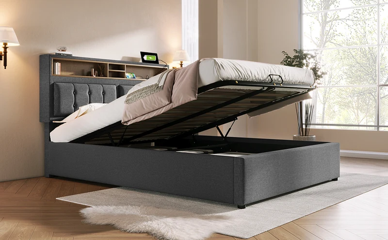 Lit coffre queen tissu gris avec port USB C et rangement 160*200cm (matelas non inclus) FAT