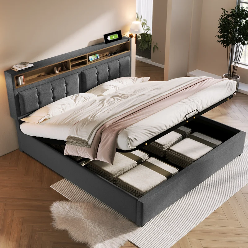 Lit coffre queen tissu gris avec port USB C et rangement 160*200cm (matelas non inclus) FAT