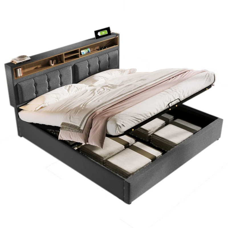 Lit coffre queen tissu gris avec port USB C et rangement 160*200cm (matelas non inclus) FAT