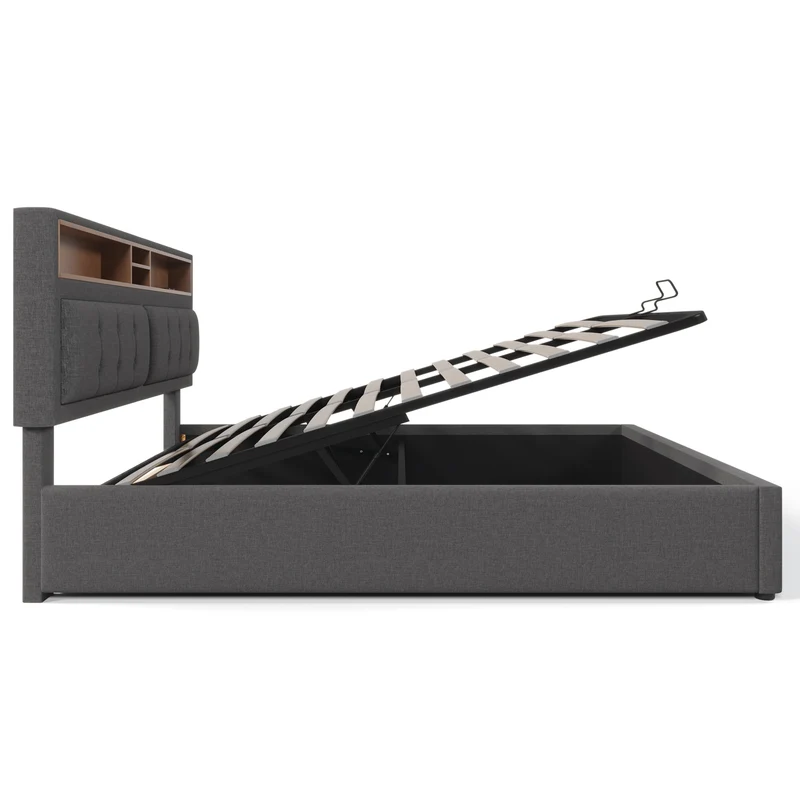 Lit coffre queen tissu gris avec port USB C et rangement 160*200cm (matelas non inclus) FAT