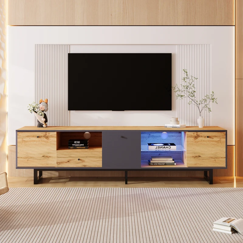 Meuble TV effet bois et gris avec LED cloison en verre INPHE