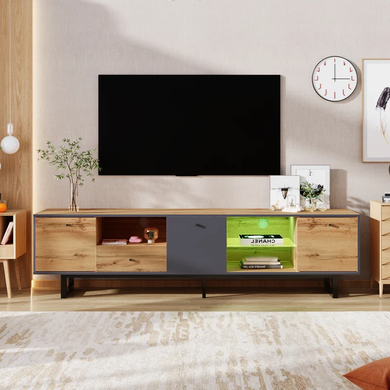 Meuble TV effet bois et gris avec LED cloison en verre INPHE