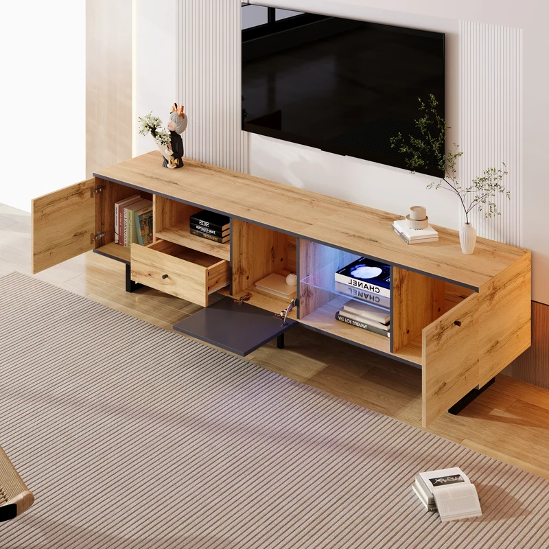 Meuble TV effet bois et gris avec LED cloison en verre INPHE