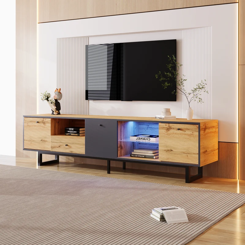 Meuble TV effet bois et gris avec LED cloison en verre INPHE