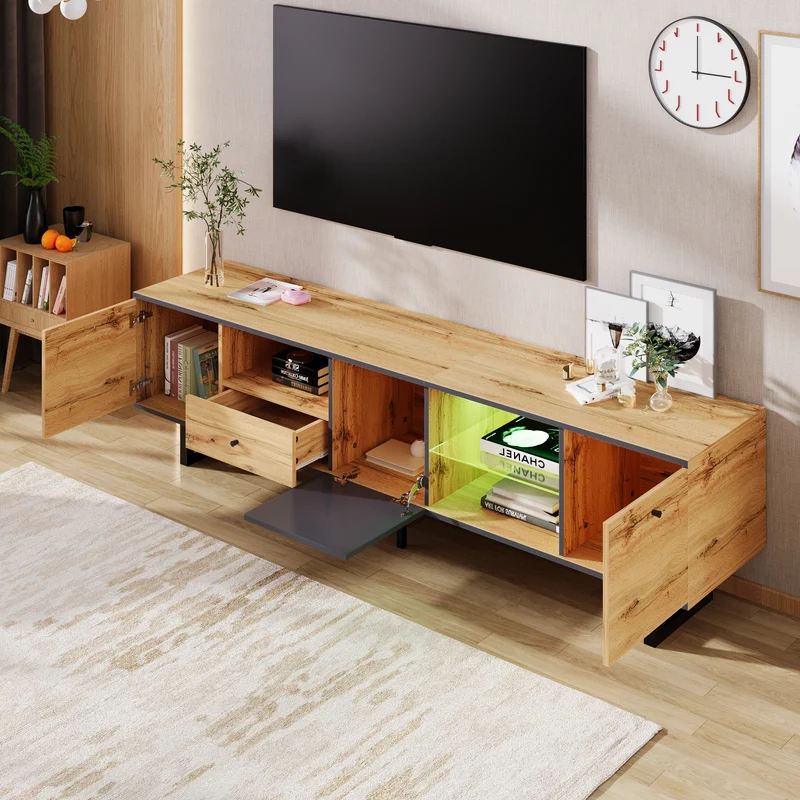 Meuble TV effet bois et gris avec LED cloison en verre INPHE