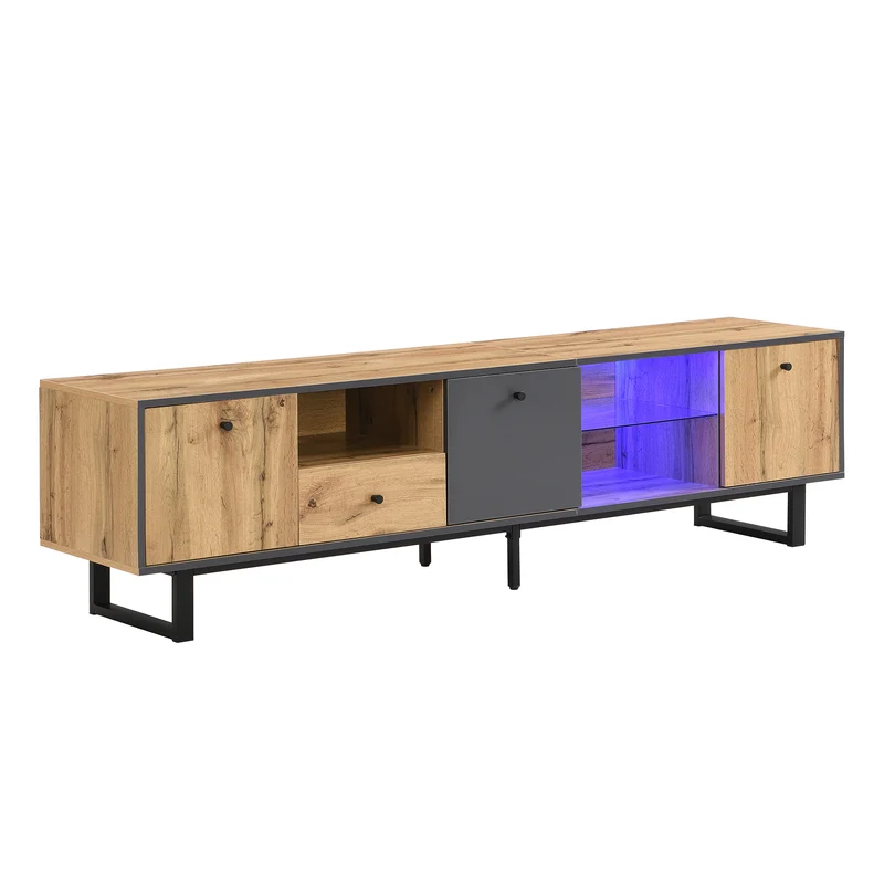 Meuble TV effet bois et gris avec LED cloison en verre INPHE
