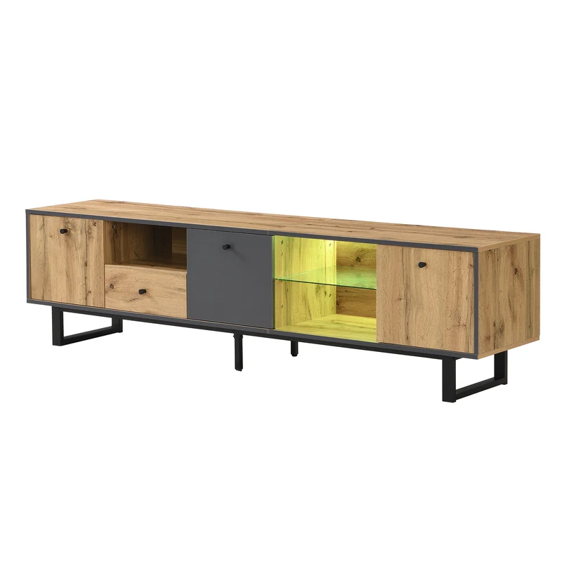 Meuble TV effet bois et gris avec LED cloison en verre INPHE