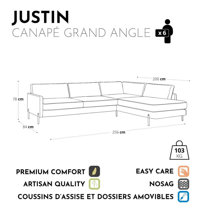 Canapé grand angle droit JUSTIN Velours