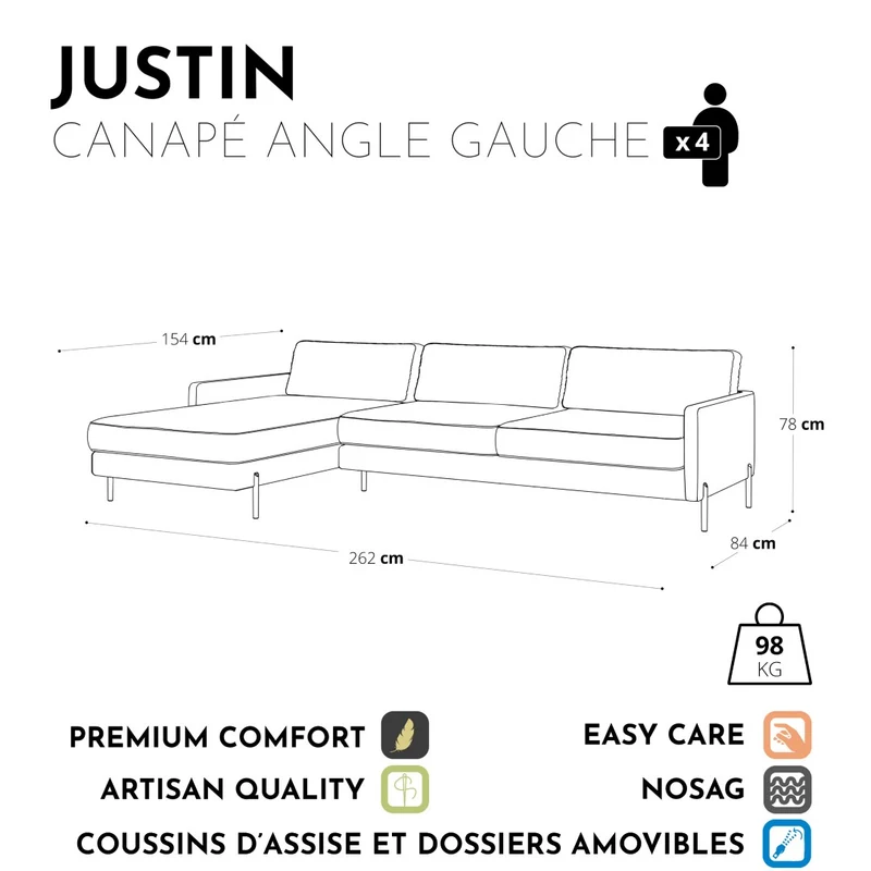 Canapé d'angle gauche JUSTIN Velours