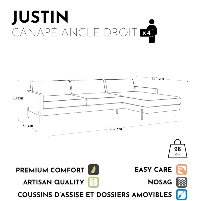 Canapé d'angle droit JUSTIN Velours