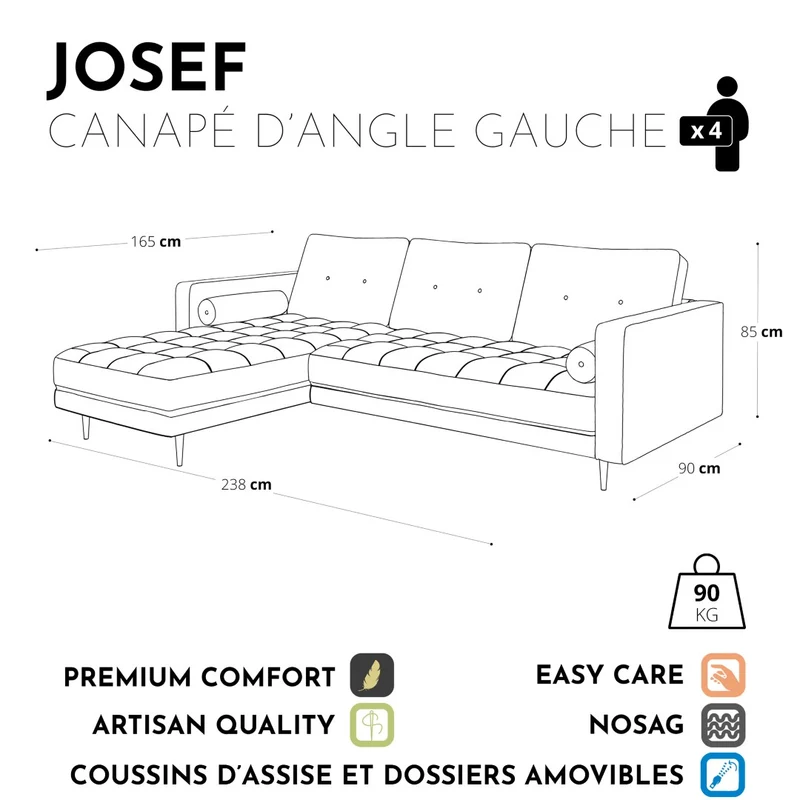Canapé d'angle gauche JOSEF Velours