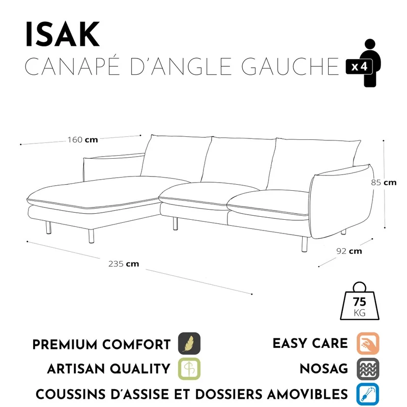 Canapé d'angle gauche ISAK Velours